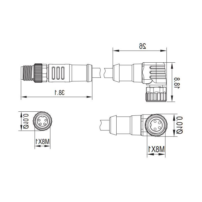 M8 4-PIN, female 90° turn male straight, double-ended precast PUR flexible cable, black sheath, 63D161-XXX